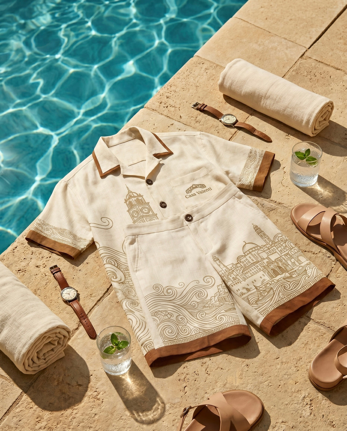 Close-up of the Jaffa print on Casa Valenti linen shirt and shorts — view 3