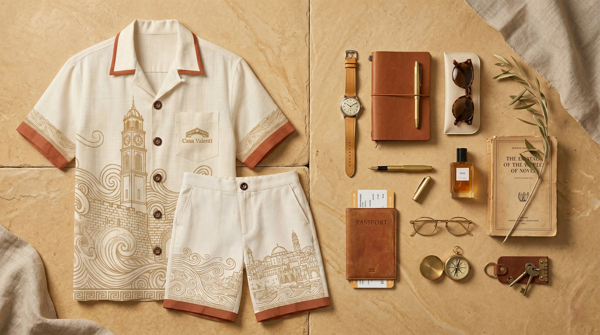 Jaffa linen shirt and shorts styled together, Casa Valenti Grand Tour collection — view 2